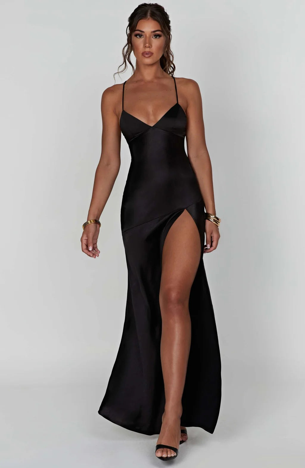 Robe satin longue dos nu et fendu