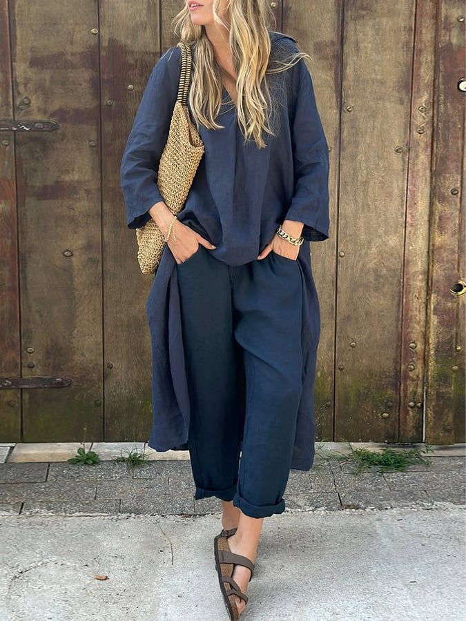 Ensemble Long à Col V & Pantalon Évasé
